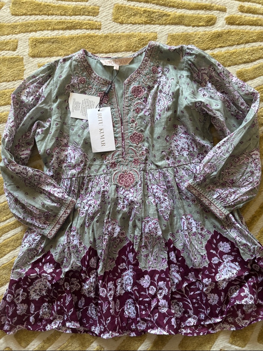 Ritu Kumar embroidered womens Sage Green & Plum Floral Peasant Tunic/ top NWT